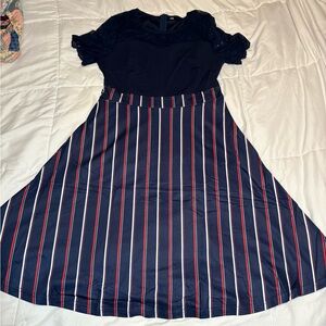 Navy Blue Dress with Striped Skirt